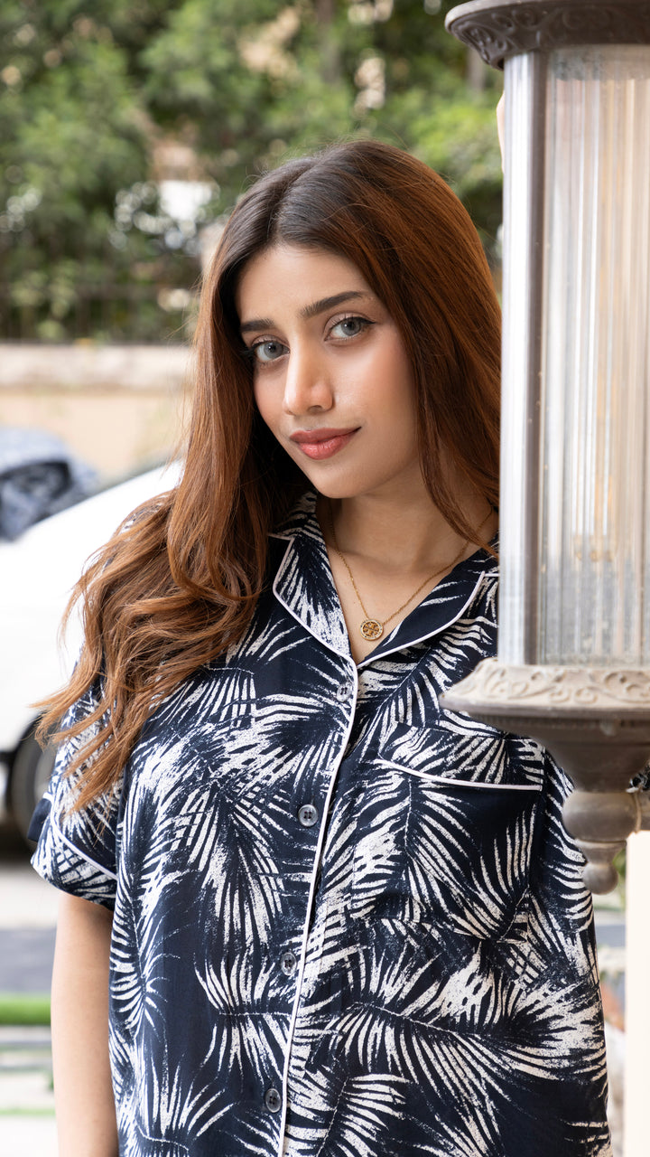 Palm Leaf Print Half Sleeves PJ Set
