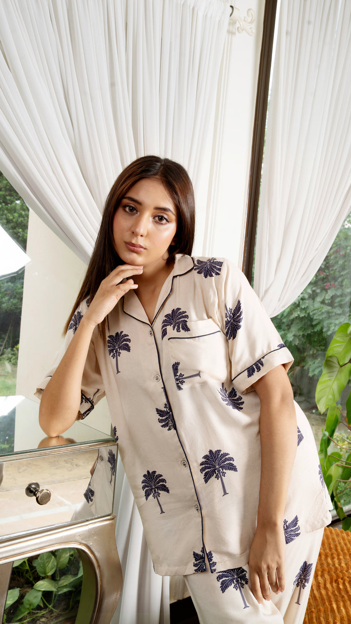 Palm Noir Half Sleeves PJ Set