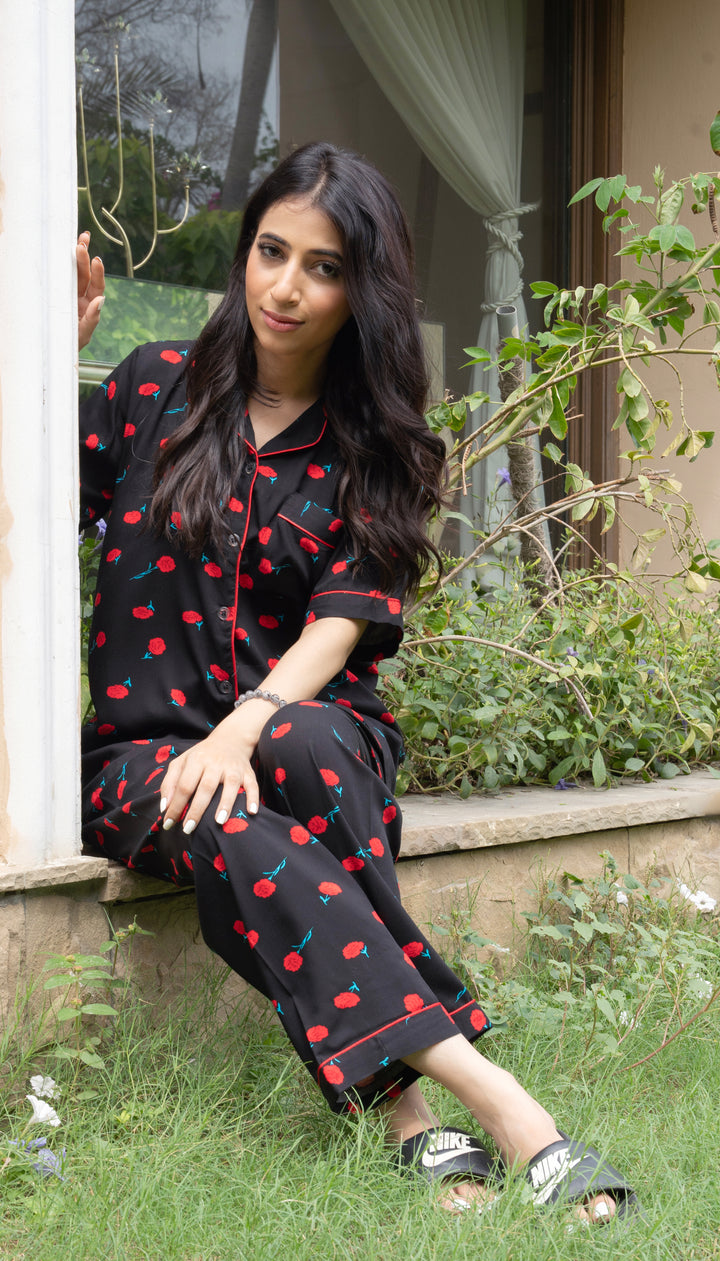 Midnight Roses Half Sleeves PJ Set